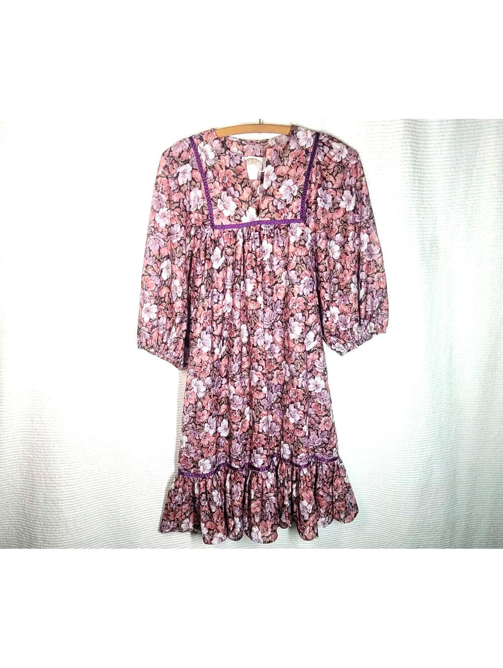 Vtg 70s Lilac Ruffle Dress Midi M L Thin Tissue Poly Knit Ribbon Boho Roulette